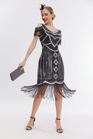 Svart Golden Cold Shoulder Fringes 1920-tallet Gatsby kjole med 20s tilbehør sett
